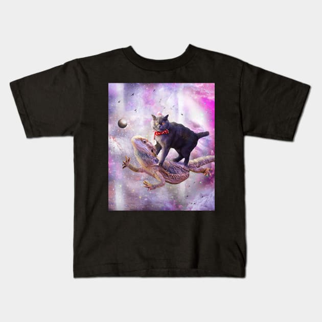 Space Cat Riding Bearded Dragon Lizard Kids T-Shirt by Random Galaxy